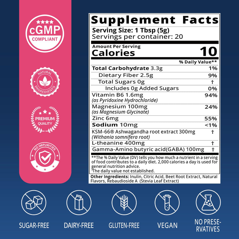Calm Magnesium Powder, Sugar-Free, 20 Servings | With Magnesium Glycinate, Ashwagandha, Prebiotics, GABA, Vitamin D, L-Theanine, Support for Sleep, Stress & Relaxation