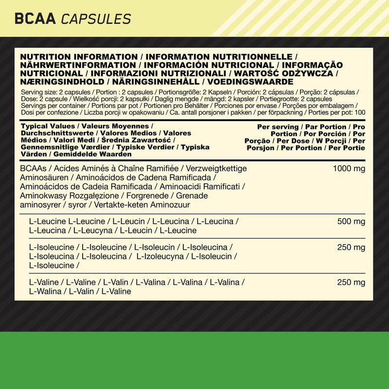 Optimum Nutrition BCAA Capsules, Amino Acids Tablets, 1000 mg of Essential Amino Acids BCAAs with L-Leucine, L-Isoleucine and L-Valine, Unflavoured, BCAA Supplements, 100 Servings, 200 Capsules