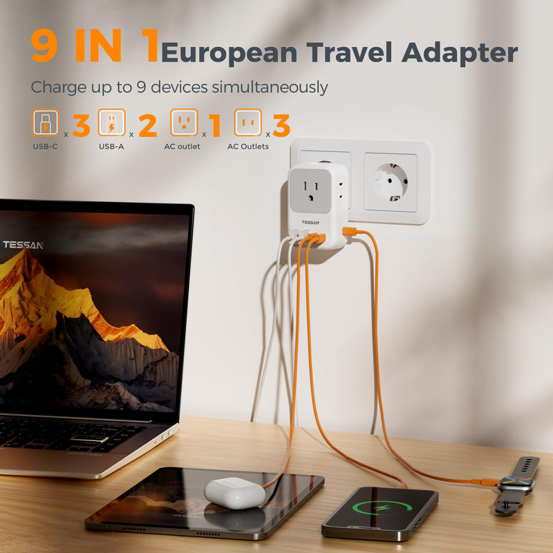 TESSAN European Travel Plug Adapter, Foldable EU Plug, PD 28W | 4 AC Outlets & 5 USB Ports (3 USB-C), Type C Power Adapter for Italy France Germany Spain Greece Iceland White grey-Type C(3 USB C 28W)