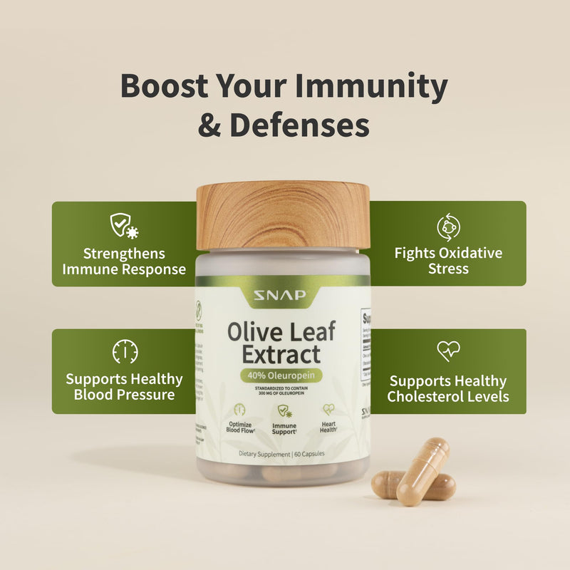 [Australia] - Snap Supplements Olive Leaf Extract Capsules - Super Strength 40% Oleuropein for Blood Flow Support, Improve Digestion, Antioxidant Boost Supplement, Improve Brain Function (60 Capsules) 