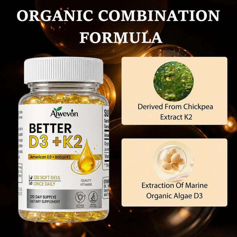 Vitamin D3 K2 Supplement, 3000 IU Vegan Vitamin D3 from Algae with K2 MK7, D3 K2 Vitamin for Bone Health, Calcium Absorption, Immune & Heart Support, Non-GMO Softgels with Organic MCT Oil, 120 Count