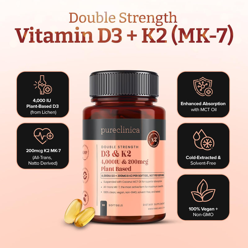 Double Strength Vitamin D3 + K2 (MK-7) – 4,000 IU D3 + 200mcg K2 x 90 Vegan Softgels – Plant-Based Lichen D3 & Natto MK-7 – Enhanced Absorption with MCT Oil - 3 Months Supply 90 count (Pack of 1)