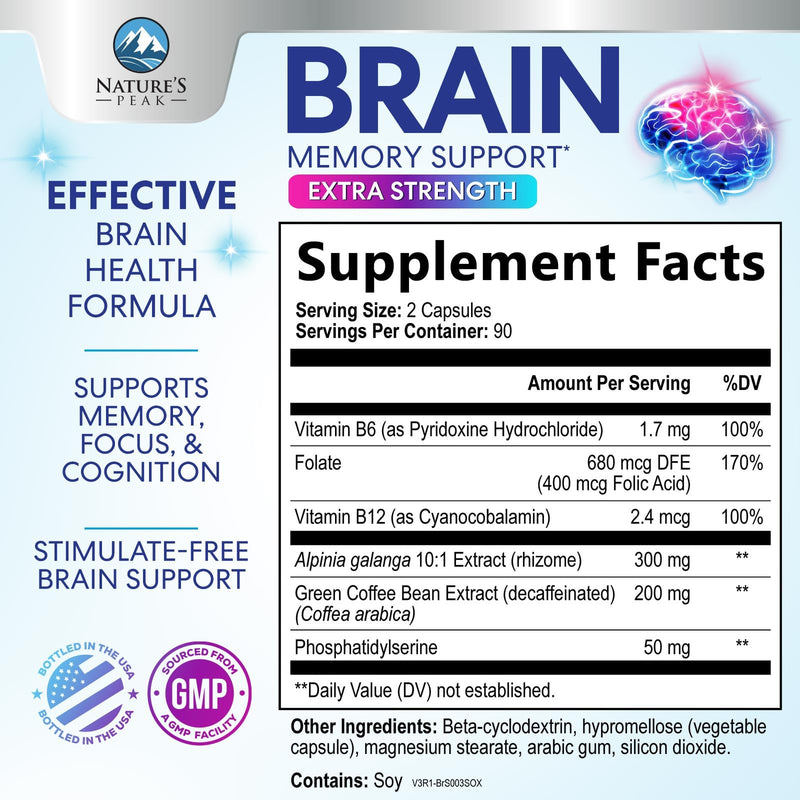 Brain Memory Supplement Pills - 3X Strength Nootropics for Concentration, Clarity & Focus Support - Brain Health Cognitive Vitamins B6 B12 with Folate & Phosphatidylserine, Brain Booster, 180 Capsules 180 Count (Pack of 1)