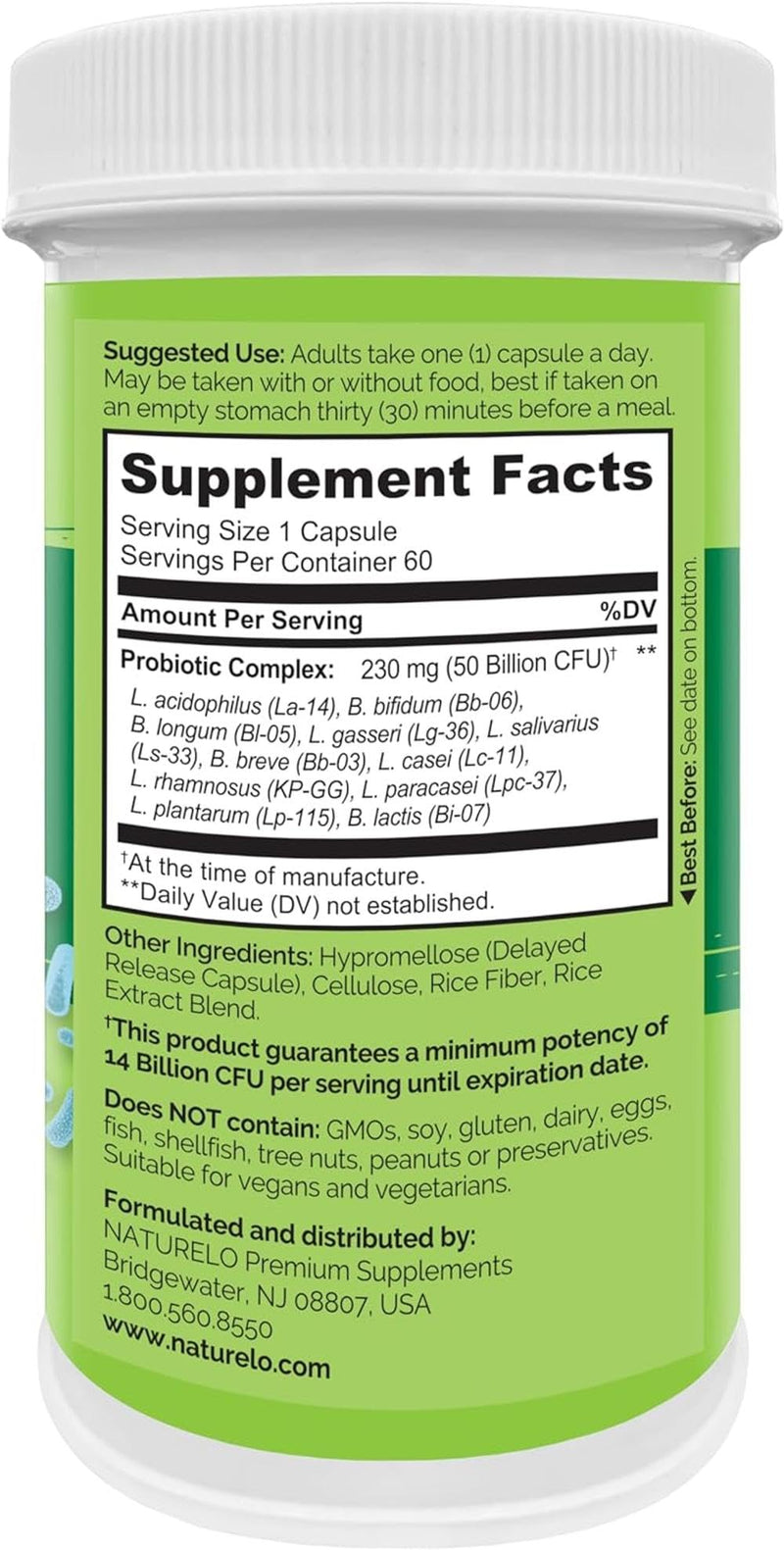 NATURELO Probiotic - Ultra Strength - 50 Billion CFU - 11 Lacto & Bifido Strains - One Daily - Gut-Friendly Bacteria - No Refrigeration Needed - 60 Vegan Capsules | 2 Month Supply 60 count (Pack of 1)