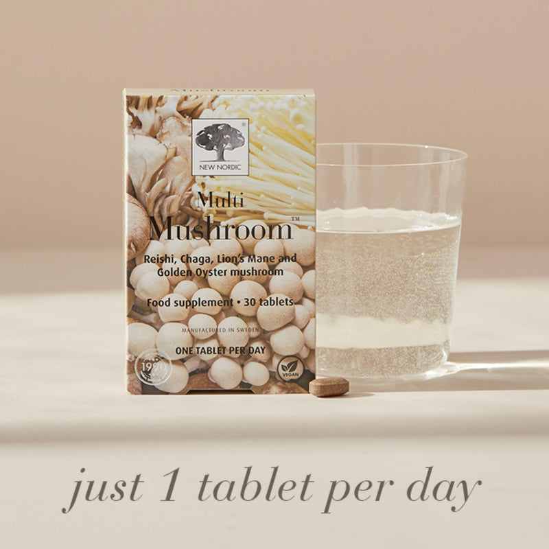New Nordic Multi Mushroom 600mg, 30 Vegan Tablets, Golden Oyster, Reishi, and Chaga, High Antioxidant Blend, Ergothioneine Source
