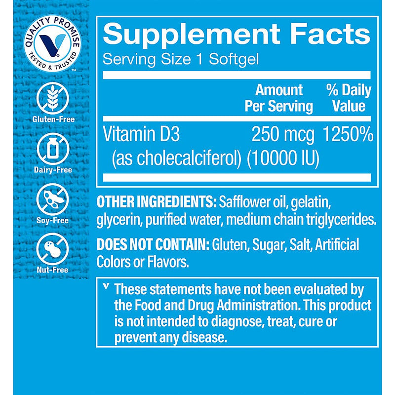 The Vitamin Shoppe Brand Vitamin D3 10000 IU Supplement, 100 Softgels | Gluten Free, Dairy Free, Bone, Immune, and Cellular Health Support for Men and Women
