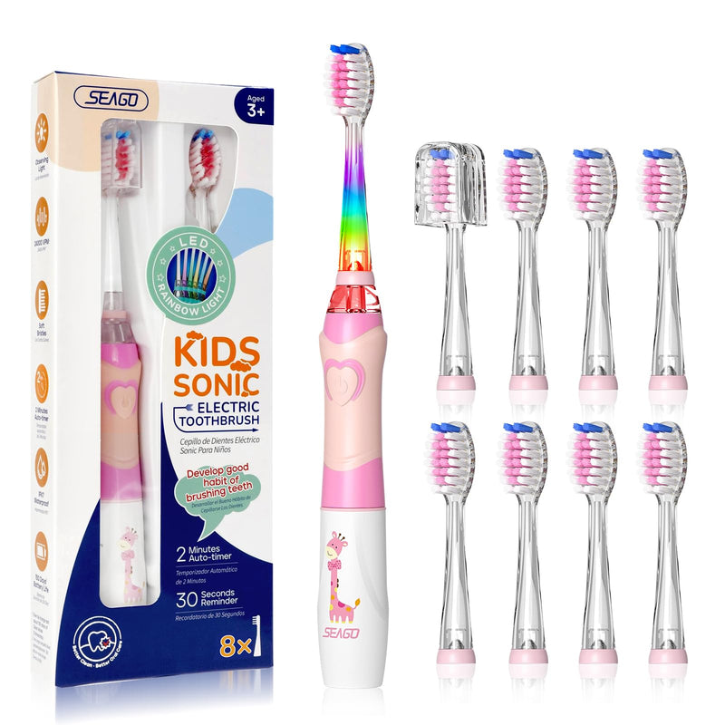 [Australia] - SEAGO Kids Electric Toothbrush with 2 Mins Brushing Timer and 8 Replacement Bursh Heads,Rainbow LED Light Make Brushing Fun, Pink Color Girls Battery Powerd Toothbrush for 4-12 Years Old 