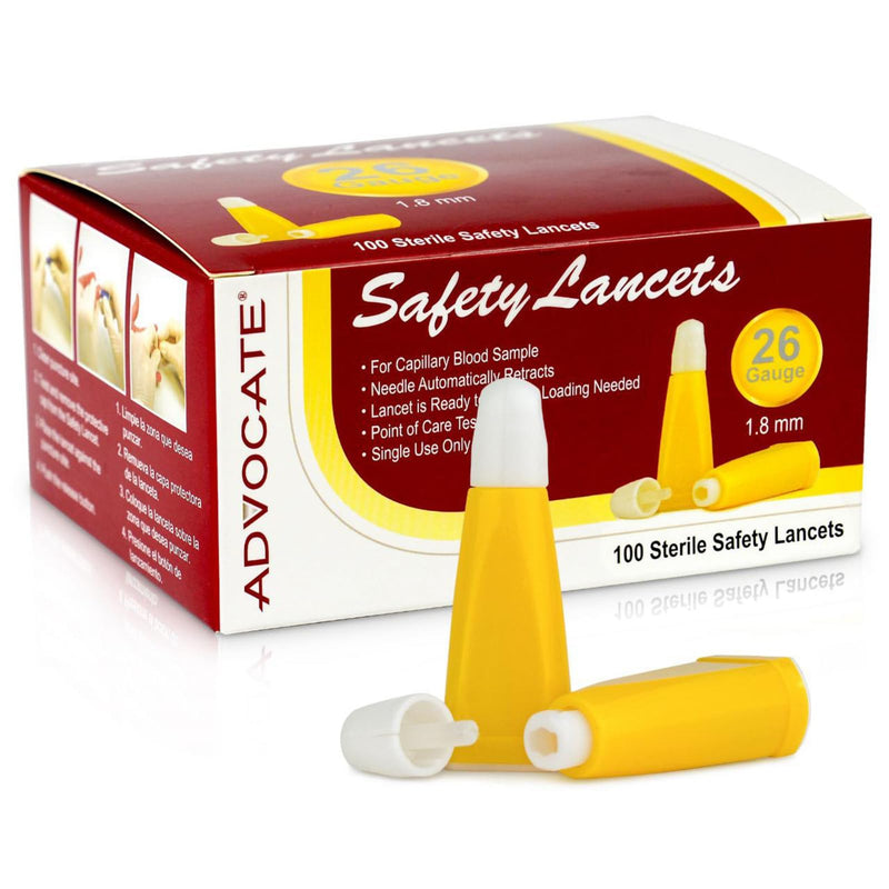 Pressure Activated Safety Lancets, 26G 1.8mm Box of 100, Advocate Single Use Glucose Testing Lancing Device with Automatic Retractable Needle for Blood Sugar Sampling 26g Yellow 26G x 1.8mm, Box of 100
