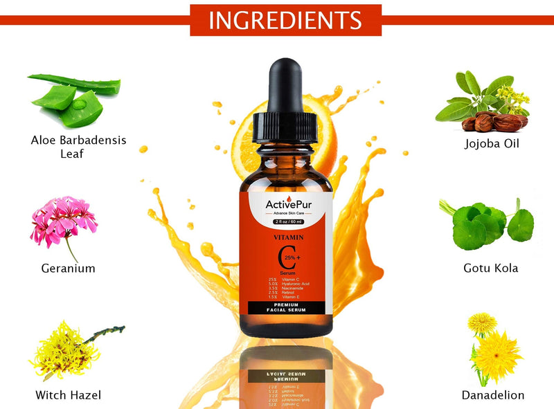 25% Best Vitamin C Serum for Face – 2oz/60ml | Vit C Serum Face with Hyaluronic Acid, Vitamin E, Retinol, Ferulic Acid & Niacinamide | Brightening Care for Dark Spots, Fine Lines & Wrinkles