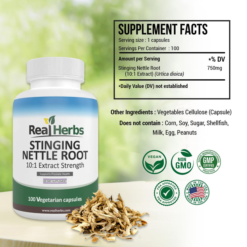 [Australia] - Real Herbs Stinging Nettle Root Extract 7500mg (750mg of 10:1 Extract) ‚Äì Vegetarian Friendly, Non-GMO, Gluten-Free ‚Äì Supports Prostate & Urinary Health ‚Äì 100 Capsules 
