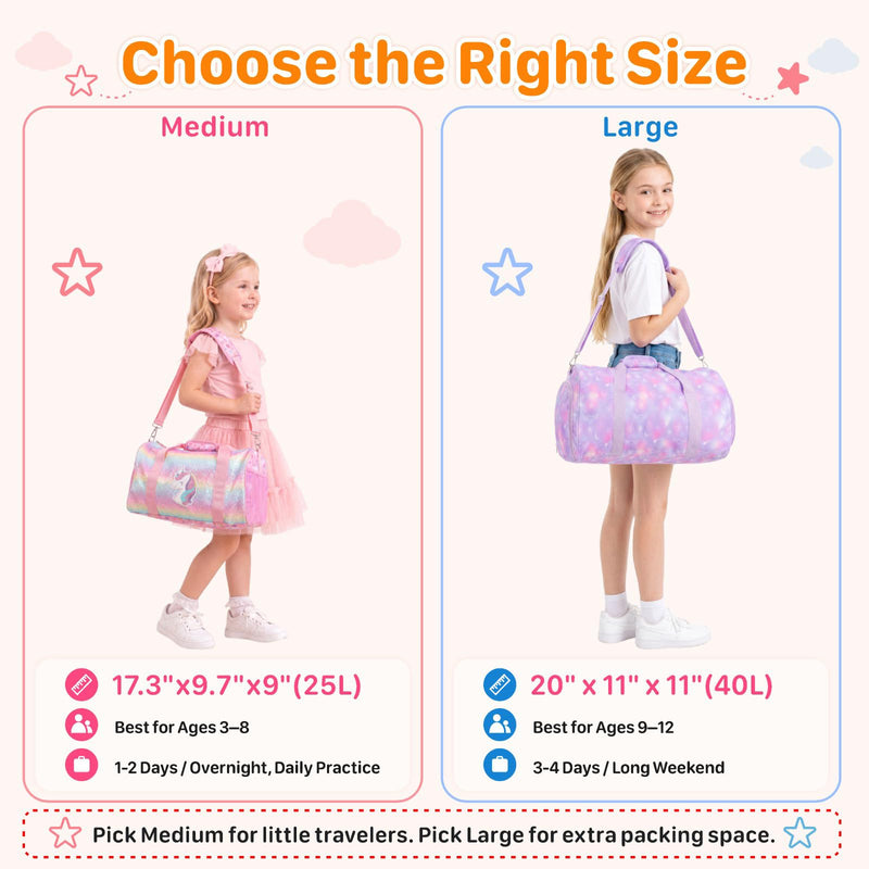 Kids Travel Duffle Bag - Weekender Bag for Girls 3-8 Year Olds | Dance Ballet Gym Overnight Bag with Adjustable Padded Strap, Dry&Wet and Shoe Area, Includes a Laundry Bag, Pink Unicorn 01 Pink Unicorn Medium-25L(Ages 3-8)