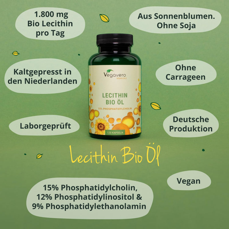 [Australia] - Organic Lecithin Capsules | 1800 mg from sunflower | Vegan | Cold pressed | 15% Phosphatidylcholine | no soy | 120 pieces | Vegavero® 