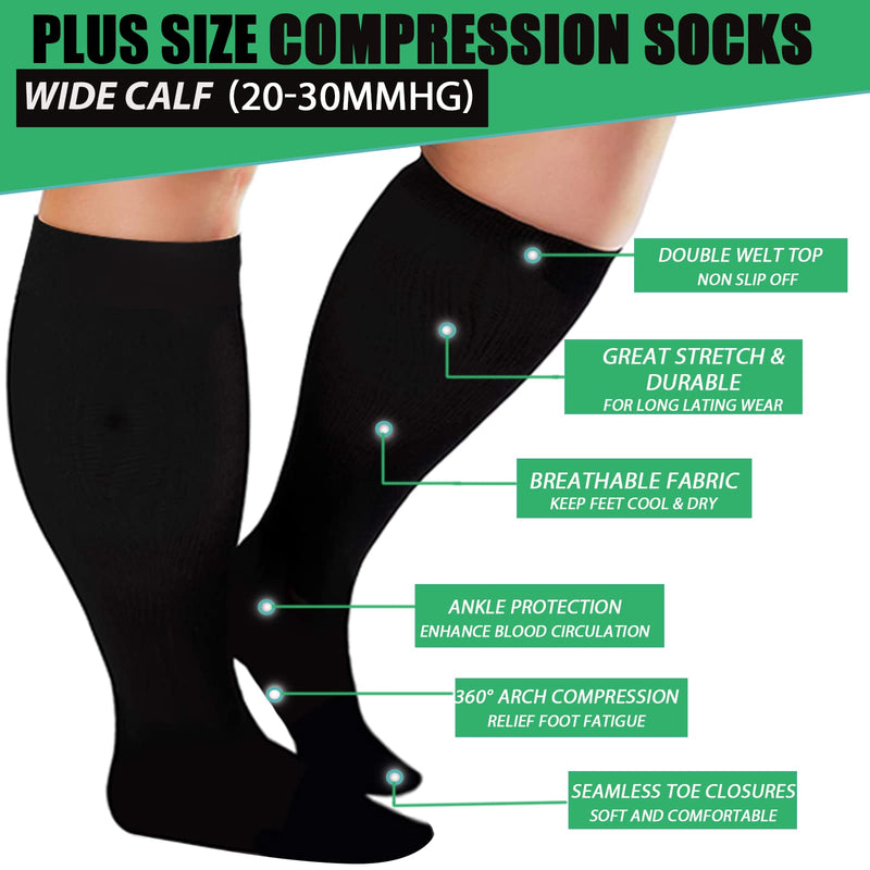 3 Pairs Plus Size Compression Socks for Women and Men Wide Calf 20-30mmhg Extra Large Knee High Support for Circulation 01-3 Black XX-Large