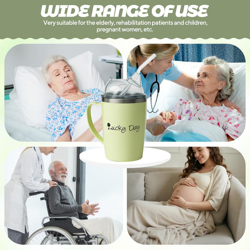 350ml Adult Sippy Cups, 3-in-1 Beakers for Elderly with 30cm Straw and Lid, Anti Choke & Non Spill Elderly Drinking Cup with Handle, Stainless Steel Dysphagia Cups for Disabled Adults Drinking Aids