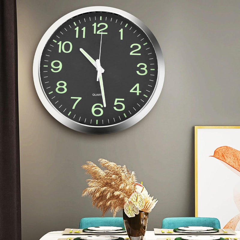 [Australia] - JoFomp Modern Glow in The Dark Wall Clock, 12 inch Non-Ticking Silent Movement Night Light Clock, Aluminum Frame Luminous Function Numbers and Hands, Decorative for Home Living Room Office (Black) Black 