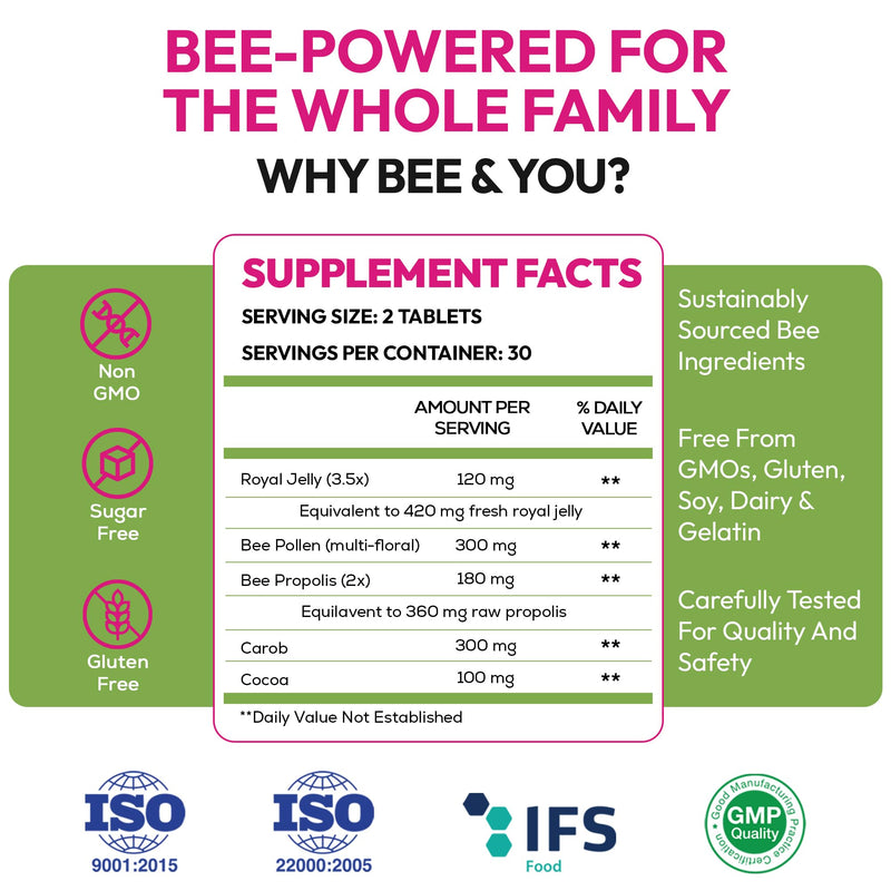 Bee and You Chewable Royal Jelly Tablets with Propolis Extract, Bee Pollen, Vitamins and Minerals, Daily Immune and Energy Support, Gluten Free, for Kids and Adults, 60 Count