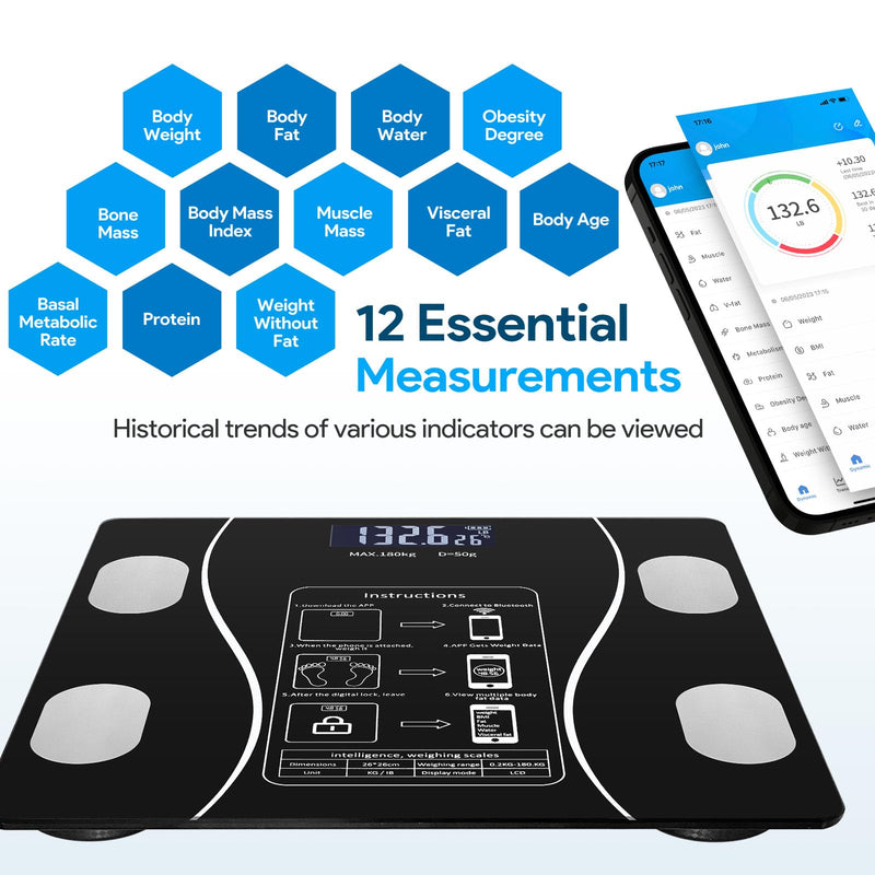 [Australia] - Stylish LED Display Body Fat Scale, Weight Scale, Bluetooth Smart Scale with Health app Integration, Body Fat and Health Monitor with app sync, Suitable for Bathroom (Black) Black 