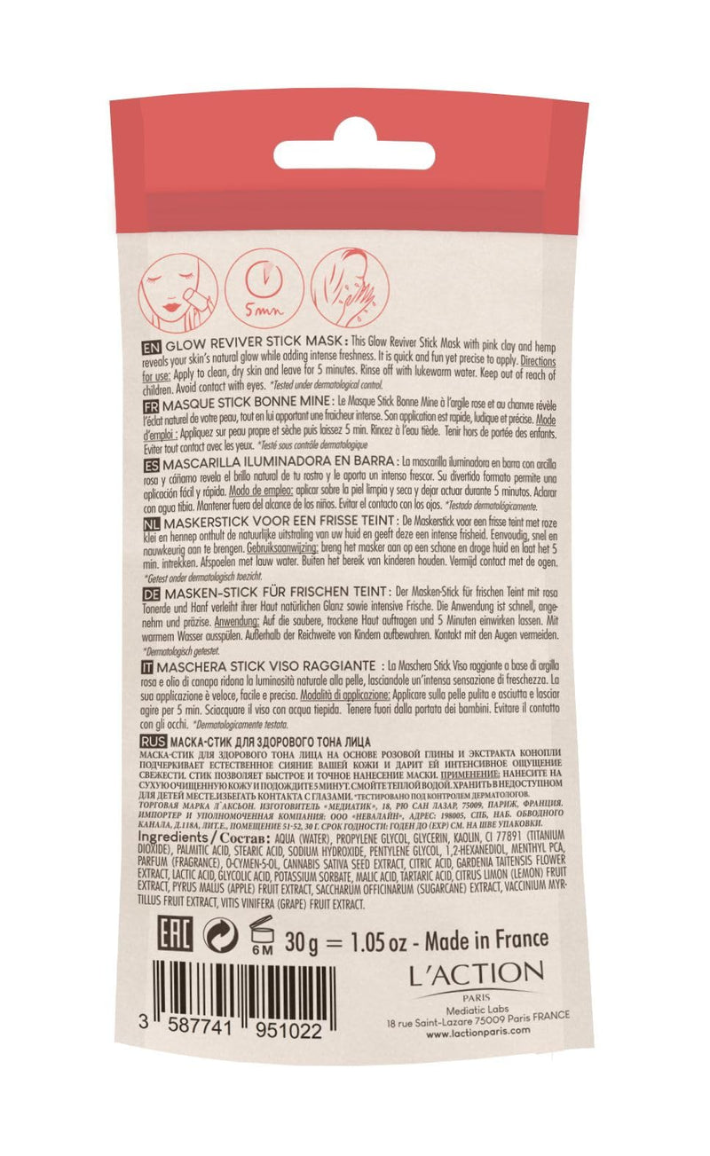 L'Action Paris Glow Reviver Stick Mask with Pink Clay and Sugar Cane, Gently Eliminates Impurities and Reveals Skin's Natural Radiance, Glowing Complexion 30g