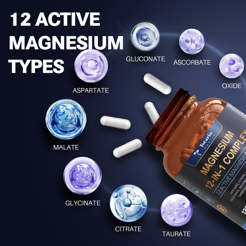 Totaria Magnesium Complex 700mg 12 in 1 Magnesium Supplement with Glycinate Citrate Malate Oxide Taurate Aspartate Orotate Magnesium Relaxation,Muscle,Heart Support, Vegan 120 Capsules 120 Count (Pack of 1)