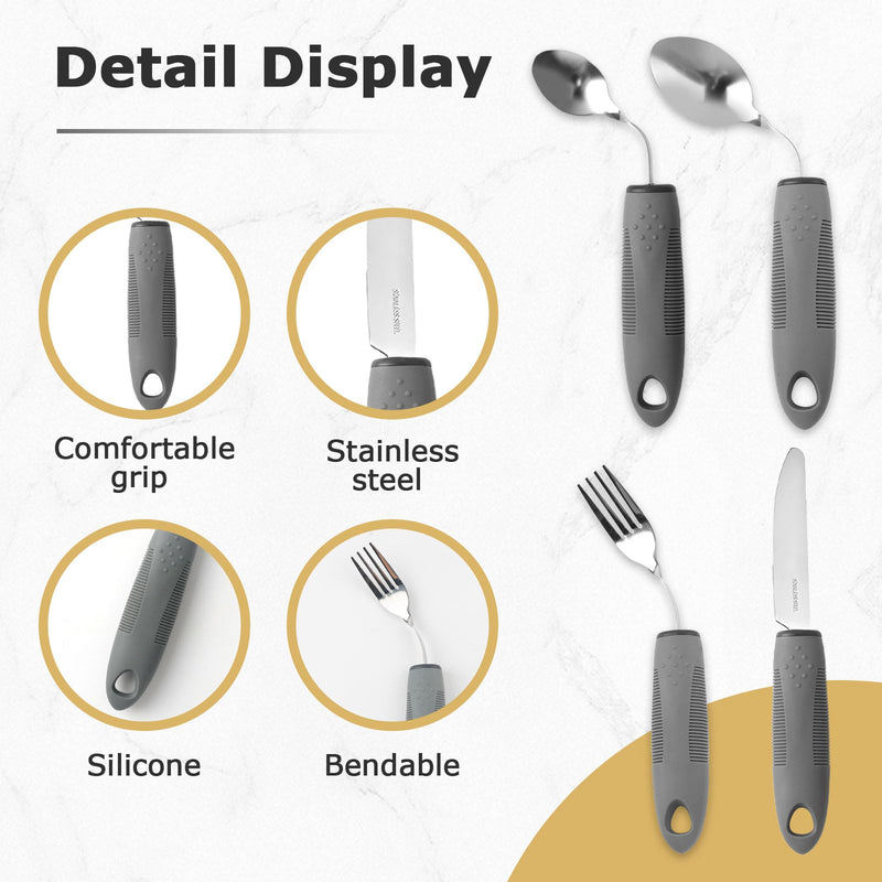 4 Piece Parkinson Cutlery Stainless Steel with Storage Bag, Handle Thickening Cutlery, Senior Cutlery for Disabled Arthritis Parkinsons Elderly or People with Tremors