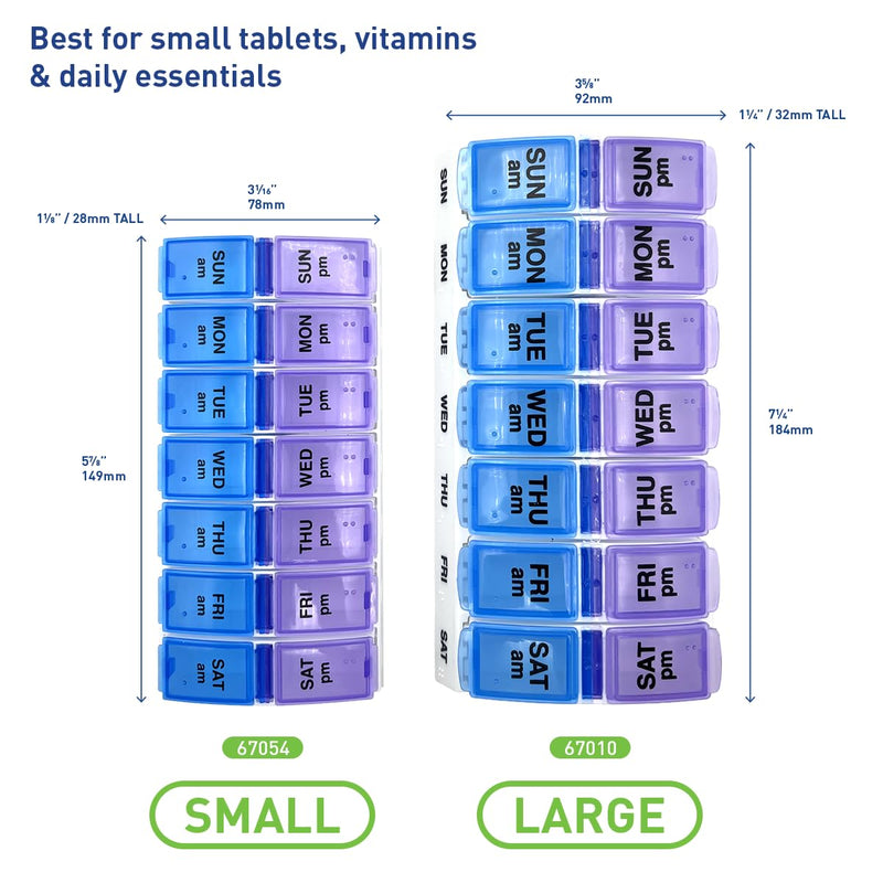 EZY DOSE Weekly AM/PM Pill Organizer, 7-Day Vitamin Container and Daily Medication Box with Large Pop-Out Compartments, 2 Times a Day Pill Holder, Blue and Purple Lids, Travel-Friendly Design