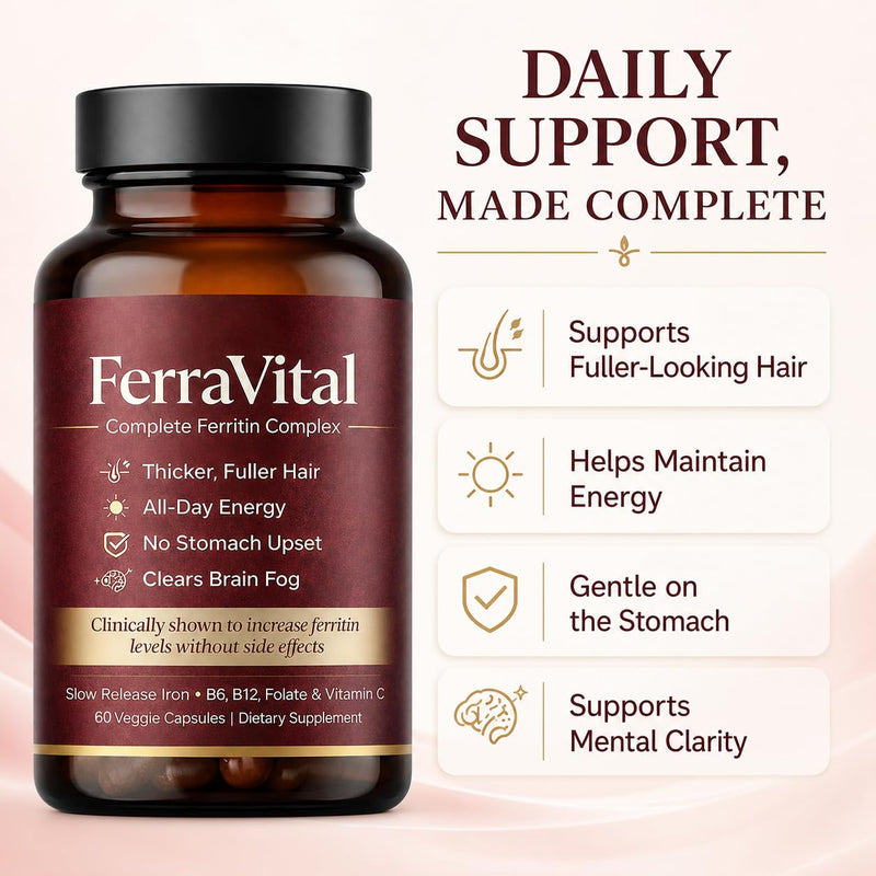 FerraVital Ferritin Support Iron Supplement for Women, 60 Capsules | With lactoferrin, vitamin C, L-lysine, active B vitamins and essential minerals for a streamlined daily routine.