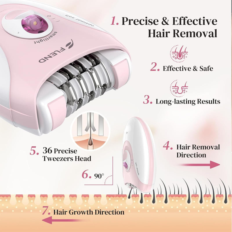 [Australia] - Smooth Glide Epilator for Women, 2 Speeds Facial Hair Removal Device with LED Light, 36 Tweezers & Massage Pad. Rechargeable Facial Hair Removal Epilator for Bikini, Arms, Legs, and Face Light-pink-06 