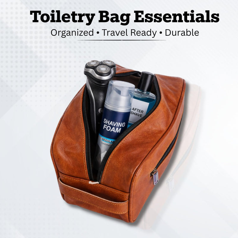Premium Buffalo Leather Toiletry Bag, Travel Dopp Kit with Water-Resistant Lining & Organizer Compartments, Durable Grooming Pouch for Men & Women (Tan Brown) Tan Brown