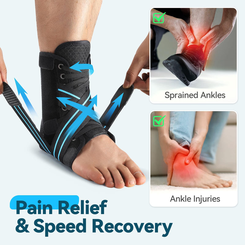 [Australia] - AGPTEK Ankle Brace for Women Men, Adjustable Lace-Up Ankle Support with Removable Splints for Sprained Ankle, Injury Recovery, Ankle Stabilizer Wrap for Basketball Volleyball Sports, Blue, M Medium 
