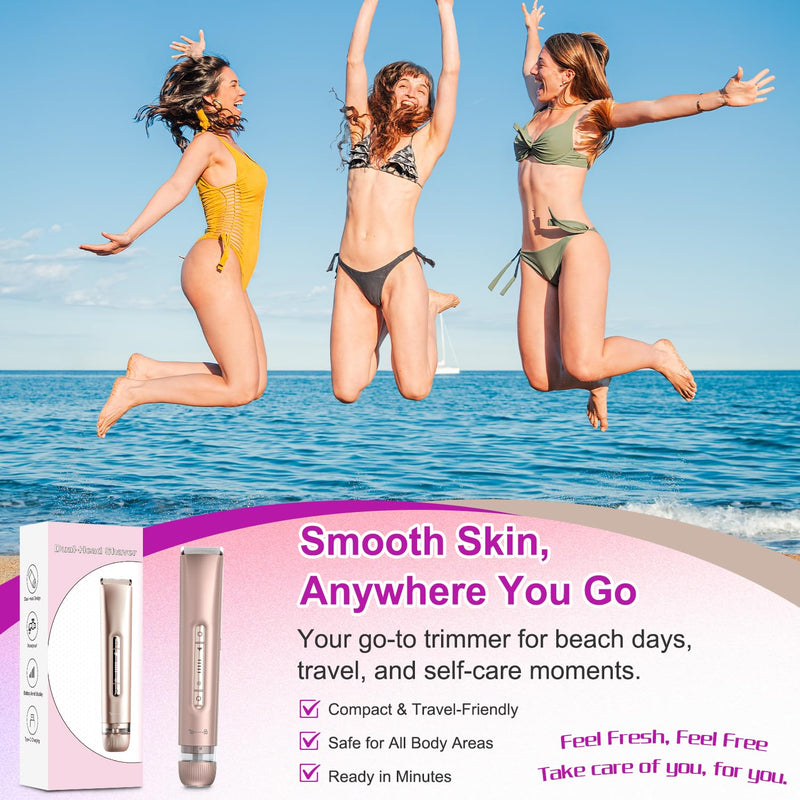 [Australia] - Bikini Trimmer for Women 2-in-1, Dual-Head Electric Razors for Women, IPX7 Waterproof Pubic Hair Trimmer, Facial & Body Electric Shaver, USB Rechargeable, LED Display, Rose Gold 