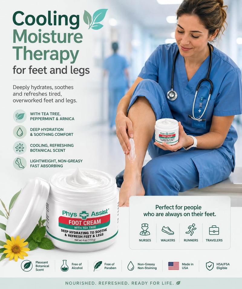 PhysAssist Foot Cream with Tea Tree – Deep Hydrating Foot & Leg Cream for Dry, Tired & Sensitive Skin – Refreshing Moisture Support with Peppermint, Menthol & Vitamin E – 4 oz Jar | For Dry, Tired & Sensitive Feet & Legs - Cooling Refresh with Peppermi...