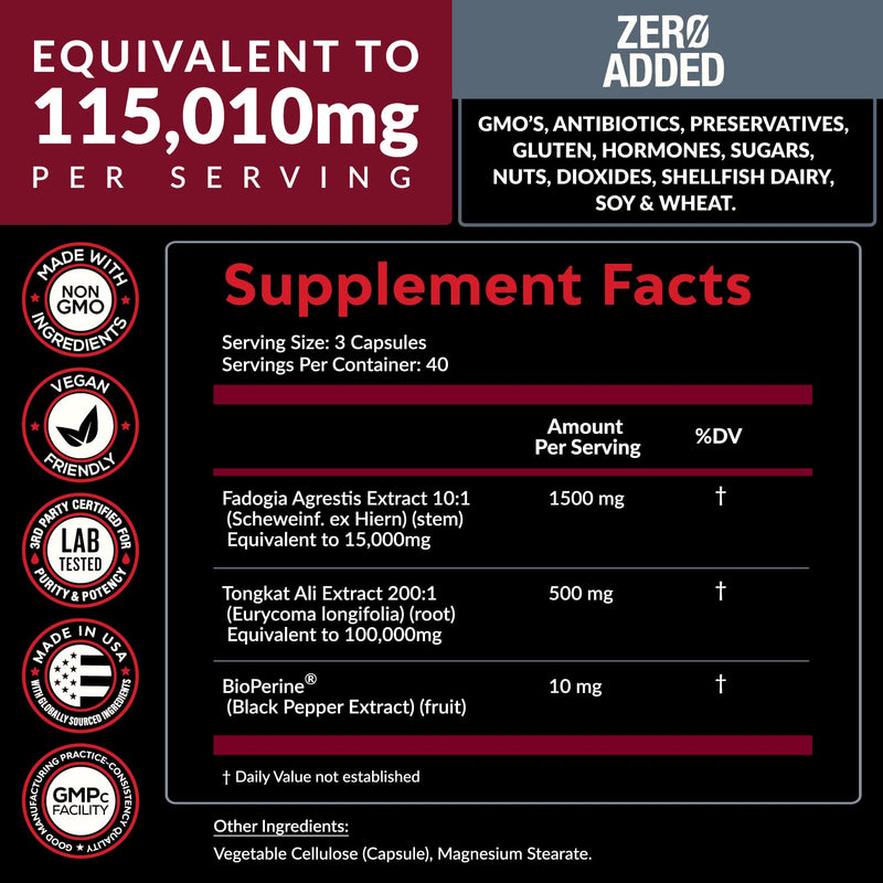 [Australia] - Fadogia Agrestis 15,000mg + Tongkat Ali 100,000mg + BioPerine® [Highest Purity] - Supports Stamina, Strength, Muscle Health & Recovery, Drive & Performance - Non-GMO & Made in USA - 120 capsules 