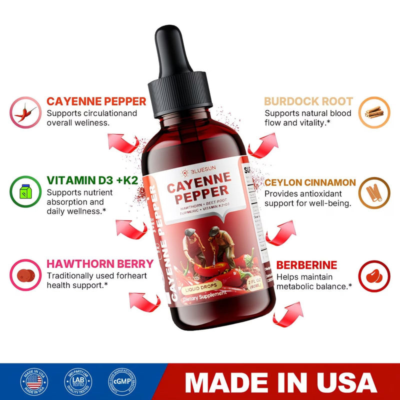 Cayenne Pepper Drops with Hawthorn Berry & Beet Root - Liquid Turmeric Curcumin, Vitamin D3 + K2 - Made in USA Herbal Supplement - Daily Wellness Formula - 2 Fl Oz (60ml)
