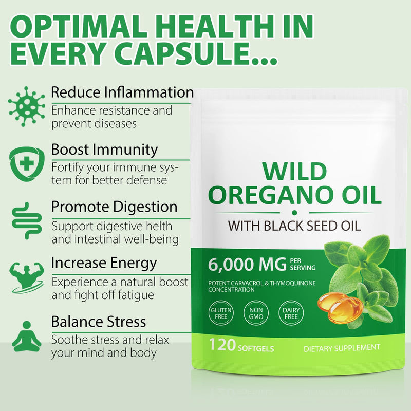 Oregano Oil 120 Softgels - 6000mg 2-in-1 Strength with 300mg Organic Cold-Pressed Oregano & 200mg Black Seed Oil | Non-GMO, Gluten Free Herbal Supplement | Respiratory & Immune Support Oregano Oil 120 count (Pack of 1)