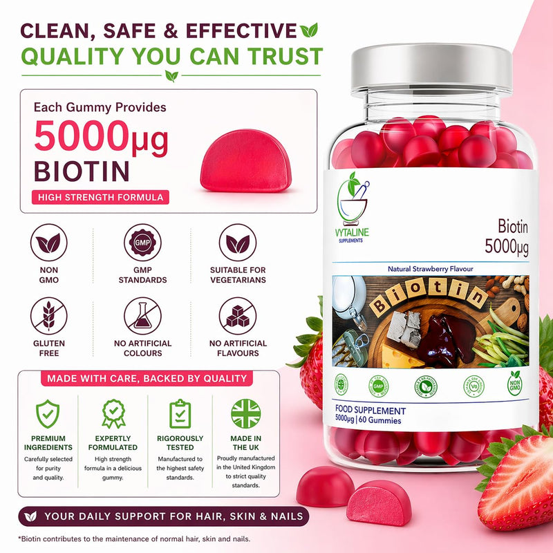 Biotin 5000mcg Hair, Skin and Nail Growth Support Gummy Supplement - 60 Natural Strawberry Flavour Chewable Gummies - 2-3 Months Supply – Vegan Friendly – for Men and Women