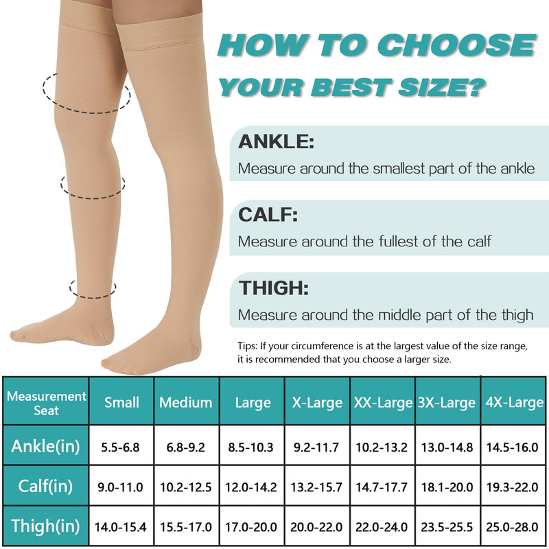 2 Pairs Compression Stockings for Women & Men, 20-30mmHg Thigh High Compression Socks, Medical Compression Socks with Silicone Dot Band--Best Support for Nursing Sports Varicose Veins Closed Toe--beige Large