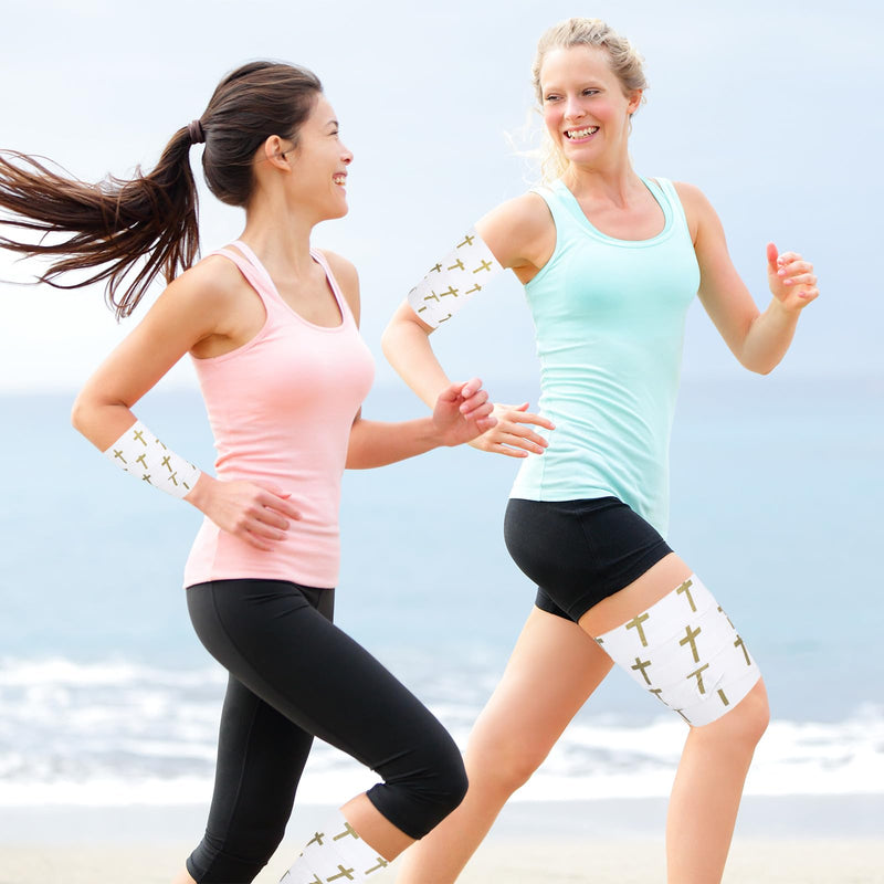 Whaline 4 Rolls Christian Athletic Tapes White Gold Cross Sport Tapes First Aid Injury Wrap for Gymnastics Trainers Wrist Knee Ankle, 2 Inch x 23 Ft