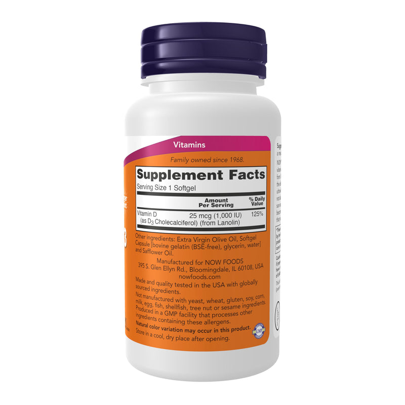 NOW Foods Supplements, Vitamin D-3 1,000 IU, High Potency, Structural Support*, 360 Softgels 360 Count (Pack of 1)