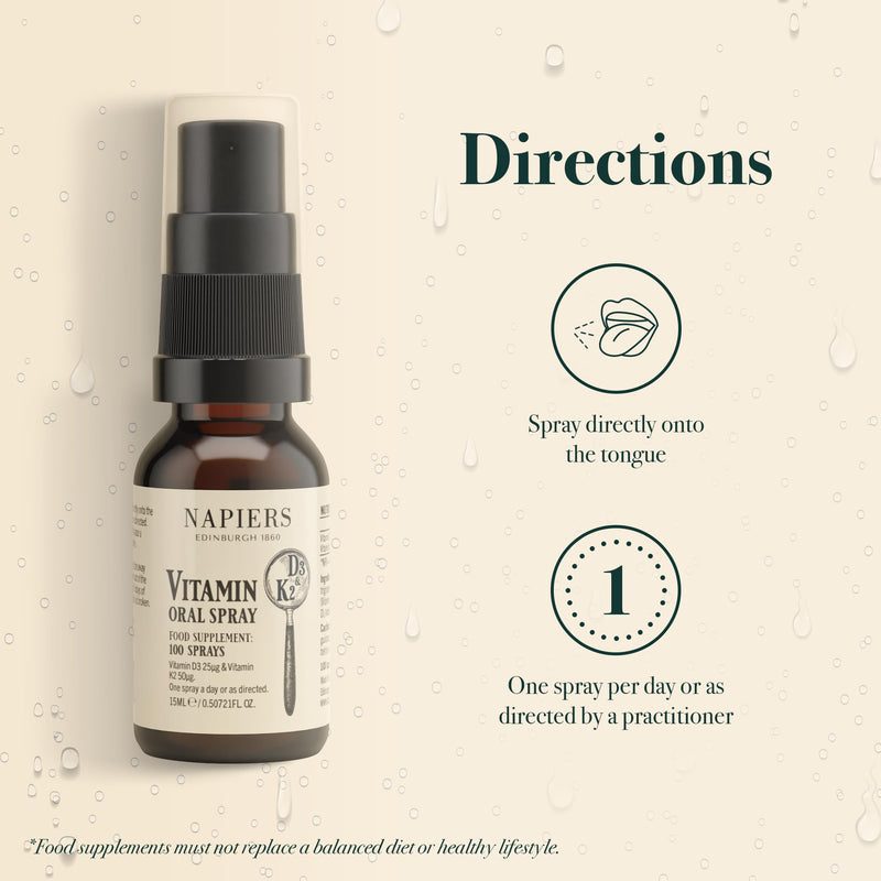 Napiers Vitamin D3 1000IU (25mcg) & K2 (50mcg) Oral Spray - High Absorption D3 Formula - Natural Ingredients - One-a-Day - 15ml (100 Sprays) Vitamin D3+K Spray