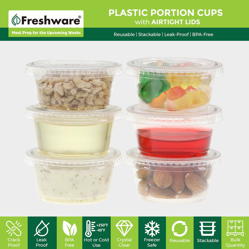 [Australia] - Freshware Plastic Portion Cups with Lids [2 Ounce, 100 Sets] Disposable Plastic Cups for Meal Prep, Salad Dressing, Jellos Shot Cups, Souffle Cups, Condiment and Dipping Sauce Cups 2 oz - 100 sets 
