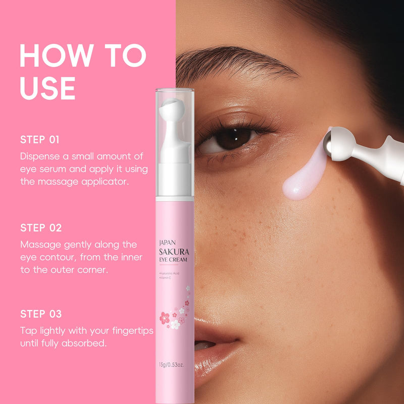 Sakura Eye Cream with 360° Cooling Massage Roller, Deep Hydration Serum with Caffeine+Vitamin C, Under Eye Cream Reduce Wrinkles, Fine Lines, and Bags, Dark Circles Under Eye Treatment, 0.53oz