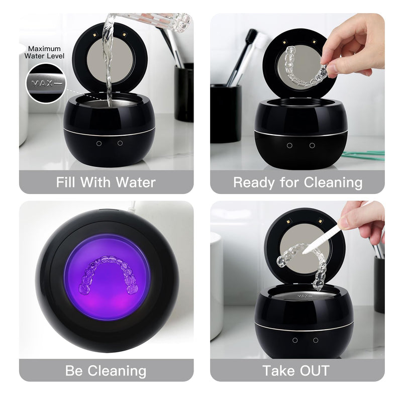 [Australia] - Dental Ultrasonic Retainer Cleaner Machine: 45kHz Dental Cleaning Pod for Denture, Aligner, Mouth Guard, Night Guard, Braces & Jewelry, UV Denture Cleaner with Digital Timer & Dual Mode 250ML Black 