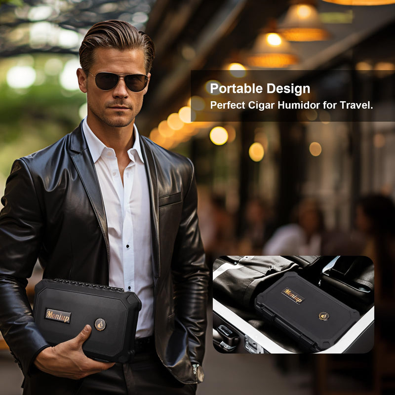 [Australia] - Travel Cigar Humidor Box Set with Cigar V Cutter, Cigar Punch, Cigar Holder, Cigar Drawer Enhancer, Humidifier & Hygrometer, Portable Outdoor Cigar Case with Cigar Accessories Kit, Cigar Gifts for Men Large Black 