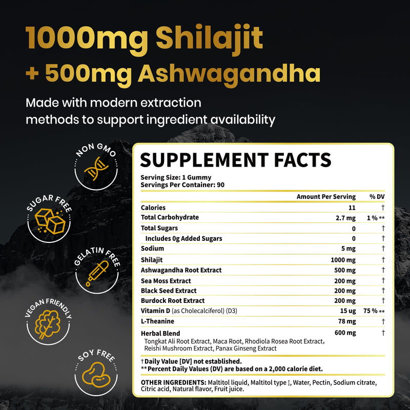 [Australia] - VEV Shilajit Gummies for Men & Women | 1000mg Shilajit & Ashwagandha Gummies with Sea Moss & L-Theanine for Energy, Vitality & Stress Balance | Vegan, Sugar-Free | 90 Count for Daily Wellness 90 Count (Pack of 1) 