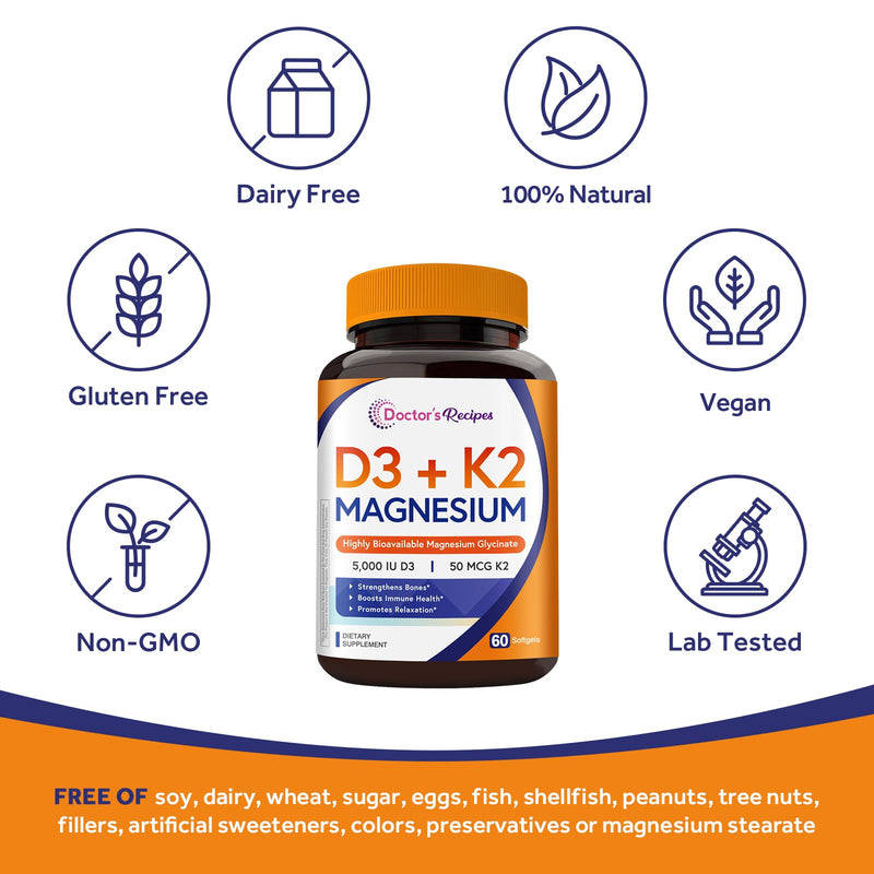 Doctor's Recipes D3+K2+Magnesium, 5000 IU D3, 50 mcg K2, Highly Bioavailable, Chelated Magnesium Glycinate, Non-GMO, No Gluten, for Structure, Immune, Mood, Relaxation Support, 60 Softgels