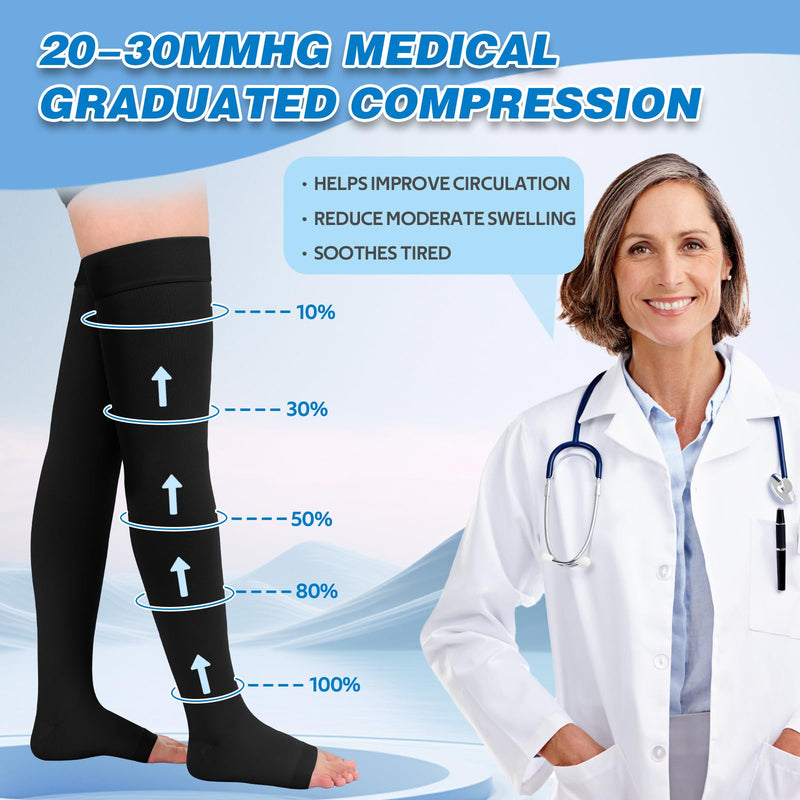 [Australia] - 2Pairs Ktinnead 20-30mmHg Thigh High Compression Stockings for Women, Thigh High Compression Socks, Medical Compression Stockings for Pregnant, Teacher, Doctor, Varicose Veins, Swelling, lymphedema XL Open toe-Beige+Open toe-Black 