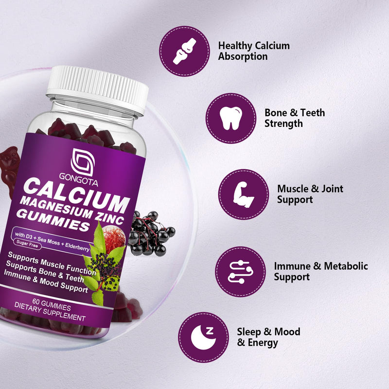 Calcium Magnesium Zinc with Vitamin D3 Supplement, Highly Absorbent Calcium Gummies with 300mg Magnesium glycinate Support Bone & Teeth, Muscle for Adults and Teens,Sugar Free, Vegan (2 Pack) Elderberry 60 Count (Pack of 2)