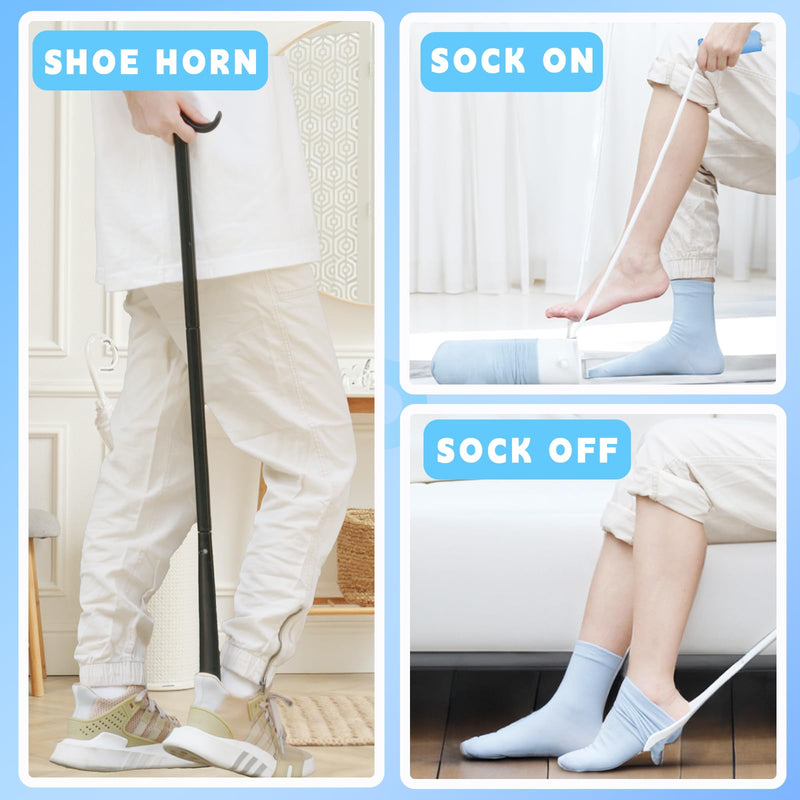 [Australia] - 3 in 1 Sock Aid Device Kit, Hip Kit, Knee Back Surgery Hip Replacement Recovery Kit with Sock Aide, Sock Remover, Shoe Horn with Dressing Stick, Sock Helper and Shoe Assistant for Seniors No Bending 3 Piece White Sock Helper Kit 