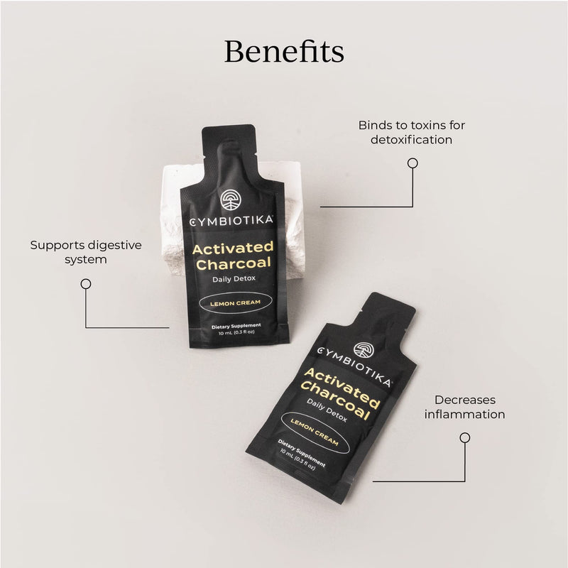 [Australia] - CYMBIOTIKA Activated Charcoal Liquid Supplement with Vitamin E, Gut Health & Digestive Support for Adults, Helps Cleanse, Detox, Support Gas, Bloating, Lemon Cream Flavor, Vegan, 10ml Pouches, 26 Pack 