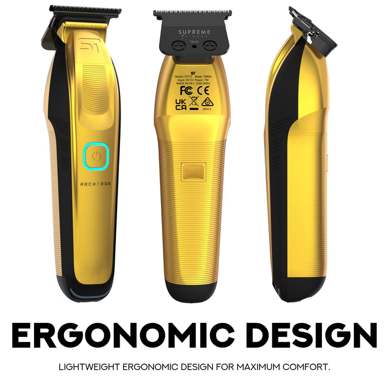[Australia] - Supreme Trimmer Recharge ST777 – Professional Barber Trimmer with 2 Removable Batteries | 8000 RPM Motor, Zero Gap DLC Blades, Smart Charging Dock, USB-C Fast Charge Gold 